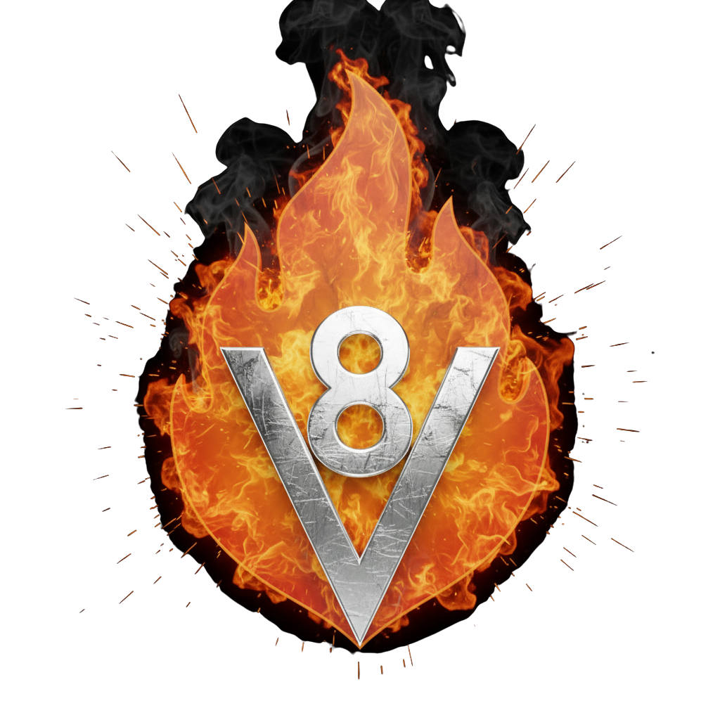V8 Aquecedores - Logo com chamas representando potência e performance em aquecimento